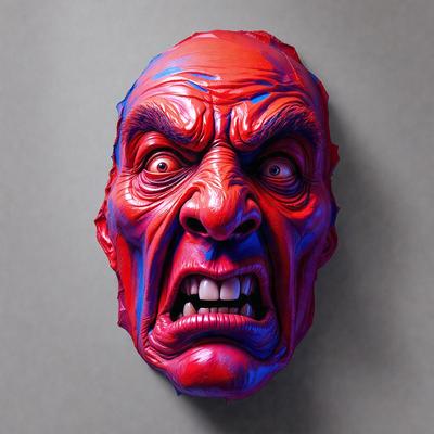 The primary subject of the image is a red and blue face mask. The face mask is designed to look like a face with a ferocious expression, complete with a mouth that is open and showing teeth. The mask is made of plastic and is designed to be worn over the face. The setting of the image is a gray wall, which serves as the background for the face mask. The visual style of the image is a close-up of the face mask, highlighting its details and design. The colors and mood of the image